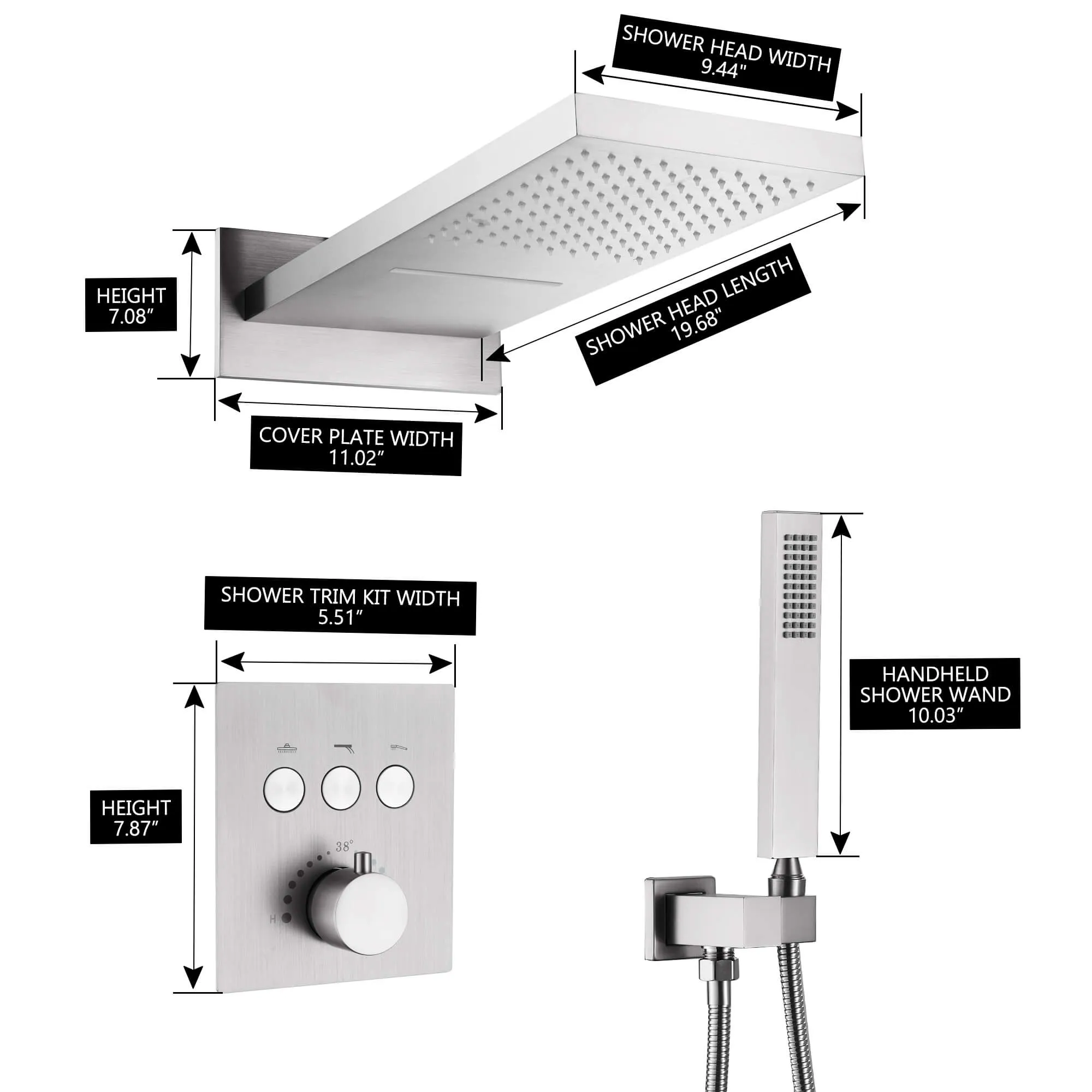Wall Mount Thermostatic Shower System with 2-Function Shower Head Solid Brass